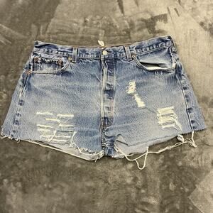 Levi's 501‎ Jean Shorts Womens Sz.29 Blue Daisy Duke Button Fly Distressed Denim
